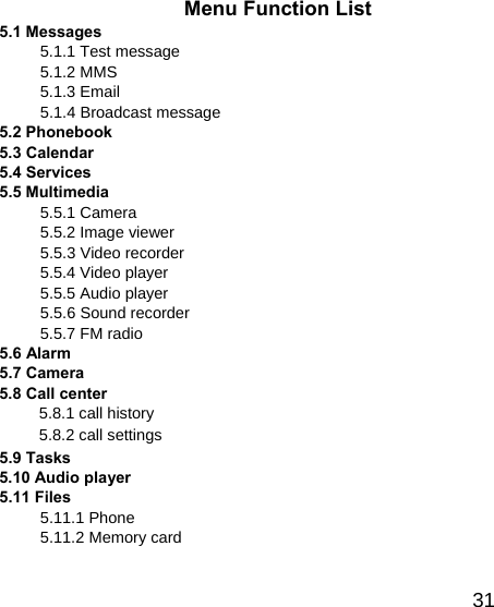   31Menu Function List 5.1 Messages 5.1.1 Test message 5.1.2 MMS 5.1.3 Email 5.1.4 Broadcast message   5.2 Phonebook 5.3 Calendar 5.4 Services   5.5 Multimedia 5.5.1 Camera 5.5.2 Image viewer 5.5.3 Video recorder 5.5.4 Video player 5.5.5 Audio player 5.5.6 Sound recorder 5.5.7 FM radio 5.6 Alarm 5.7 Camera 5.8 Call center 5.8.1 call history 5.8.2 call settings 5.9 Tasks 5.10 Audio player 5.11 Files 5.11.1 Phone 5.11.2 Memory card  