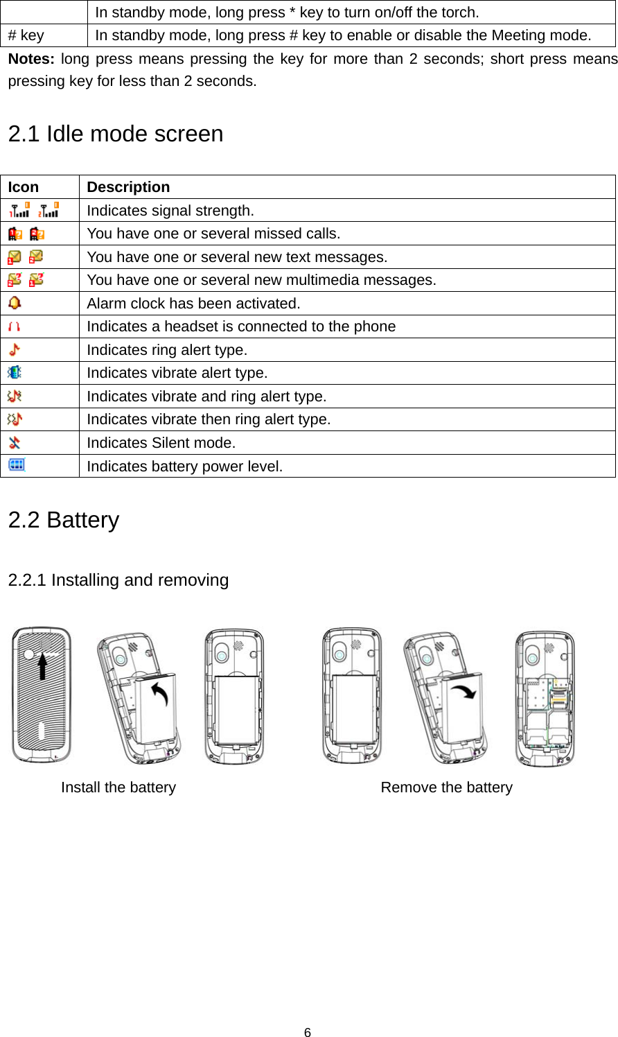 6 In standby mode, long press * key to turn on/off the torch. # key  In standby mode, long press # key to enable or disable the Meeting mode.   Notes: long press means pressing the key for more than 2 seconds; short press means pressing key for less than 2 seconds. 2.1 Idle mode screen Icon   Description      Indicates signal strength.     You have one or several missed calls.     You have one or several new text messages.     You have one or several new multimedia messages.  Alarm clock has been activated.  Indicates a headset is connected to the phone  Indicates ring alert type.  Indicates vibrate alert type.  Indicates vibrate and ring alert type.  Indicates vibrate then ring alert type.  Indicates Silent mode.  Indicates battery power level. 2.2 Battery 2.2.1 Installing and removing                 Install the battery                           Remove the battery 