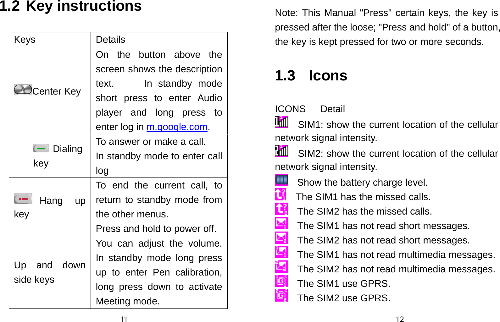                                111.2 Key instructions Keys Details Center Key On the button above the screen shows the description text.     In standby mode short press to enter Audio player and long press to enter log in m.google.com.  Dialing key  To answer or make a call.   In standby mode to enter call log  Hang up key To end the current call, to return to standby mode from the other menus. Press and hold to power off. Up and down side keys You can adjust the volume. In standby mode long press up to enter Pen calibration, long press down to activate Meeting mode.                                12 Note: This Manual &quot;Press&quot; certain keys, the key is pressed after the loose; &quot;Press and hold&quot; of a button, the key is kept pressed for two or more seconds.   1.3  Icons ICONS   Detail   SIM1: show the current location of the cellular network signal intensity.     SIM2: show the current location of the cellular network signal intensity.     Show the battery charge level.     The SIM1 has the missed calls.     The SIM2 has the missed calls.     The SIM1 has not read short messages.     The SIM2 has not read short messages.     The SIM1 has not read multimedia messages.     The SIM2 has not read multimedia messages.   The SIM1 use GPRS.   The SIM2 use GPRS. 