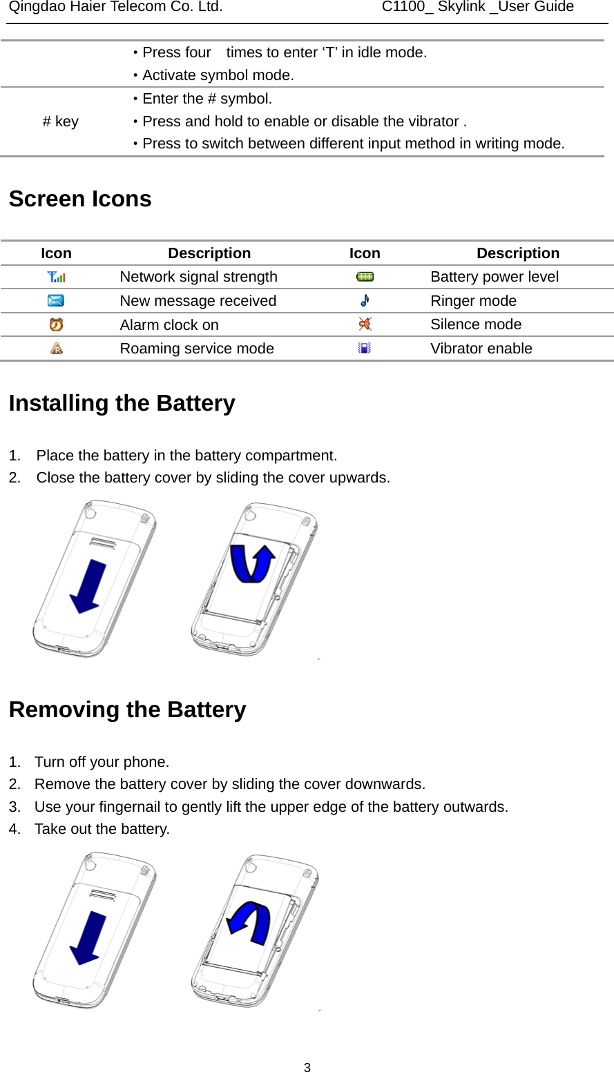 Qingdao Haier Telecom Co. Ltd.                     C1100_ Skylink _User Guide  3·Press four    times to enter ‘T’ in idle mode. ·Activate symbol mode. # key ·Enter the # symbol. ·Press and hold to enable or disable the vibrator . ·Press to switch between different input method in writing mode. Screen Icons Icon Description Icon Description  Network signal strength   Battery power level  New message received   Ringer mode  Alarm clock on   Silence mode  Roaming service mode   Vibrator enable Installing the Battery 1.    Place the battery in the battery compartment. 2.    Close the battery cover by sliding the cover upwards.  Removing the Battery 1.  Turn off your phone. 2.  Remove the battery cover by sliding the cover downwards. 3.  Use your fingernail to gently lift the upper edge of the battery outwards. 4.  Take out the battery.  