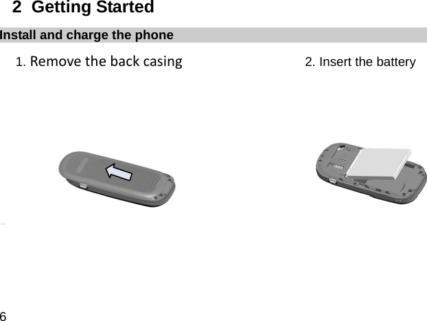  6 2  Getting Started Install and charge the phone 1.Removethebackcasing                   2. Insert the battery                                                                     