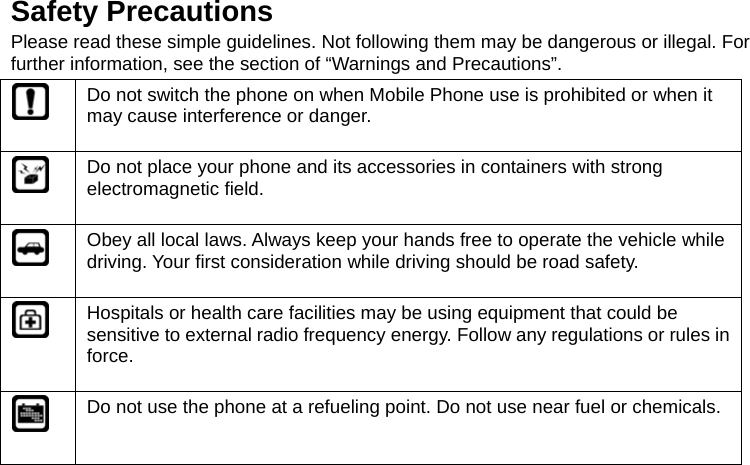  Safety Precautions Please read these simple guidelines. Not following them may be dangerous or illegal. For further information, see the section of “Warnings and Precautions”.  Do not switch the phone on when Mobile Phone use is prohibited or when it may cause interference or danger.  Do not place your phone and its accessories in containers with strong electromagnetic field.  Obey all local laws. Always keep your hands free to operate the vehicle while driving. Your first consideration while driving should be road safety.  Hospitals or health care facilities may be using equipment that could be sensitive to external radio frequency energy. Follow any regulations or rules in force.  Do not use the phone at a refueling point. Do not use near fuel or chemicals. 