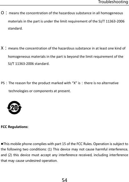 Troubleshooting 54 O：means the concentration of the hazardous substance in all homogeneous materials in the part is under the limit requirement of the SJ/T 11363-2006 standard.    X：means the concentration of the hazardous substance in at least one kind of homogeneous materials in the part is beyond the limit requirement of the SJ/T 11363-2006 standard.    PS：The reason for the product marked with X is：there is no alternative technologies or components at present.      FCC Regulations:  This mobile phone complies with part 15 of the FCC Rules. Operation is subject to the following two conditions: (1) This device may not cause harmful interference, and (2) this device must  accept any interference received, including interference that may cause undesired operation.  