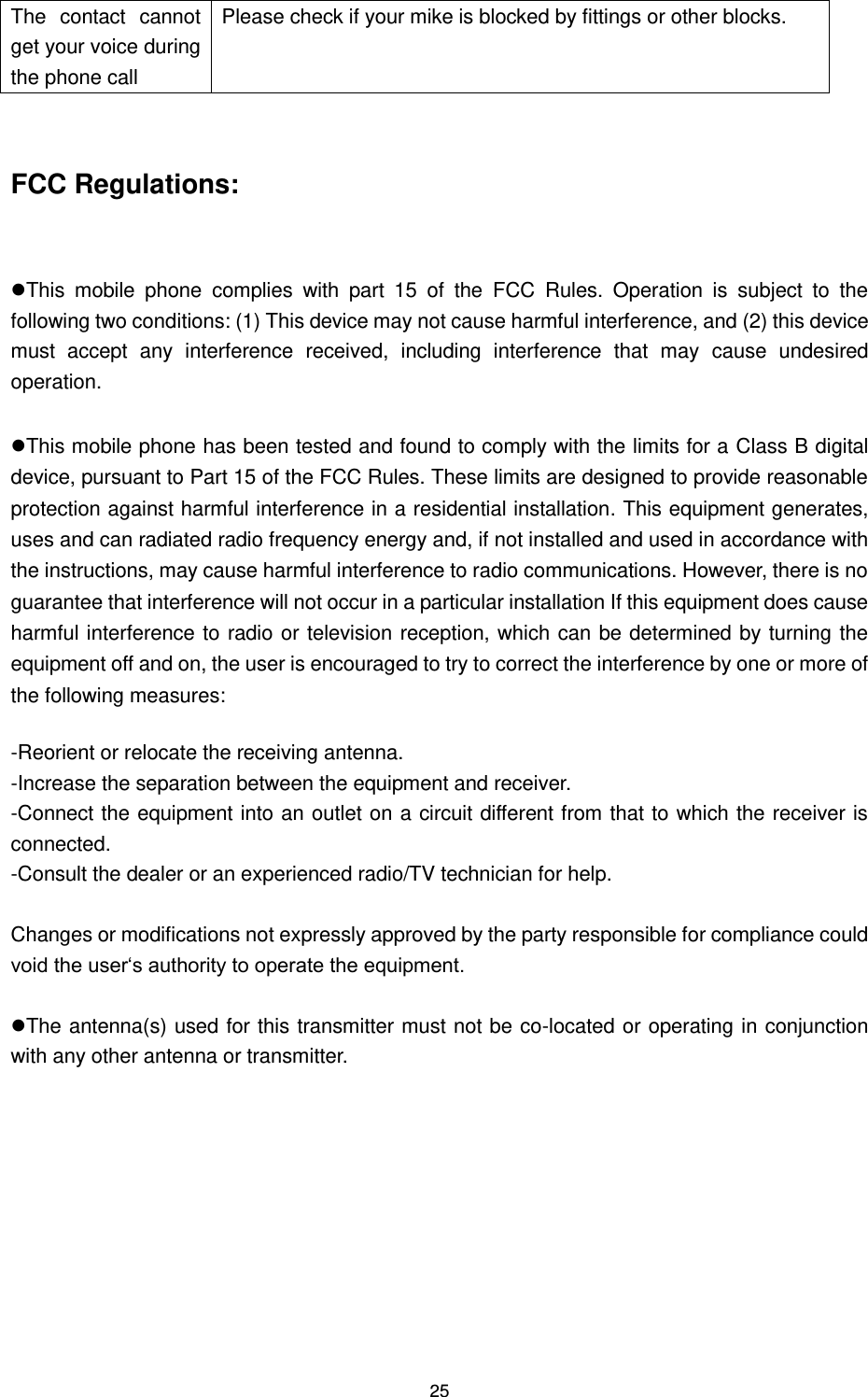 25 The  contact  cannot get your voice during the phone call Please check if your mike is blocked by fittings or other blocks.   FCC Regulations:  This  mobile  phone  complies  with  part  15  of  the  FCC  Rules.  Operation  is  subject  to  the following two conditions: (1) This device may not cause harmful interference, and (2) this device must  accept  any  interference  received,  including  interference  that  may  cause  undesired operation.  This mobile phone has been tested and found to comply with the limits for a Class B digital device, pursuant to Part 15 of the FCC Rules. These limits are designed to provide reasonable protection against harmful interference in a residential installation. This equipment generates, uses and can radiated radio frequency energy and, if not installed and used in accordance with the instructions, may cause harmful interference to radio communications. However, there is no guarantee that interference will not occur in a particular installation If this equipment does cause harmful interference to radio or television reception, which can be determined by turning the equipment off and on, the user is encouraged to try to correct the interference by one or more of the following measures:  -Reorient or relocate the receiving antenna. -Increase the separation between the equipment and receiver. -Connect the equipment into an outlet on a circuit different from that to which the receiver is connected. -Consult the dealer or an experienced radio/TV technician for help.  Changes or modifications not expressly approved by the party responsible for compliance could void the user„s authority to operate the equipment.  The antenna(s) used for this transmitter must not be co-located or operating in conjunction with any other antenna or transmitter. 