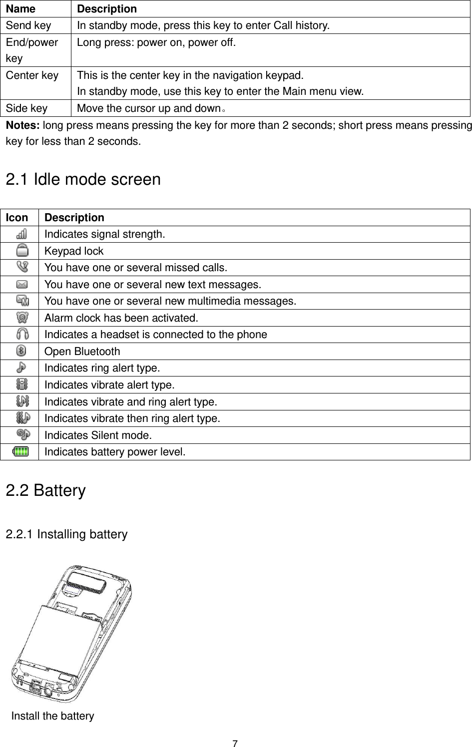 7 Name   Description   Send key In standby mode, press this key to enter Call history. End/power key Long press: power on, power off. Center key This is the center key in the navigation keypad.   In standby mode, use this key to enter the Main menu view. Side key Move the cursor up and down。 Notes: long press means pressing the key for more than 2 seconds; short press means pressing key for less than 2 seconds. 2.1 Idle mode screen Icon   Description    Indicates signal strength.  Keypad lock  You have one or several missed calls.  You have one or several new text messages.  You have one or several new multimedia messages.  Alarm clock has been activated.  Indicates a headset is connected to the phone  Open Bluetooth  Indicates ring alert type.  Indicates vibrate alert type.  Indicates vibrate and ring alert type.  Indicates vibrate then ring alert type.  Indicates Silent mode.  Indicates battery power level. 2.2 Battery 2.2.1 Installing battery      Install the battery   