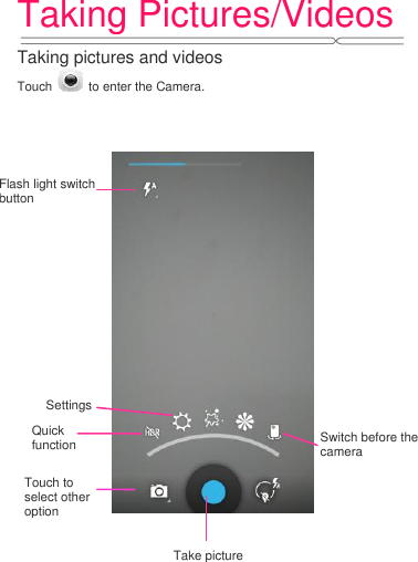 Taking Pictures/Videos  Taking pictures and videos Touch    to enter the Camera.         Touch to select other option Flash light switch button Switch before the camera Settings Quick function Take picture  
