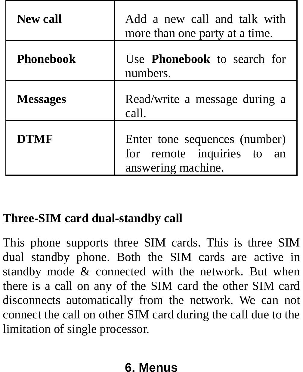  New call  Add a new call and talk with more than one party at a time. Phonebook Use Phonebook  to search for numbers. Messages  Read/write a message during a call. DTMF  Enter tone sequences (number) for remote inquiries to an answering machine.  Three-SIM card dual-standby call This phone supports three SIM cards. This is three SIM dual standby phone. Both the SIM cards are active in standby mode &amp; connected with the network. But when there is a call on any of the SIM card the other SIM card disconnects automatically from the network. We can not connect the call on other SIM card during the call due to the limitation of single processor.   6. Menus 