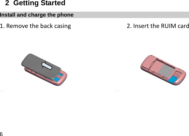  6 2  Getting Started Install and charge the phone 1.Removethebackcasing                  2.InserttheRUIMcard                                                                      