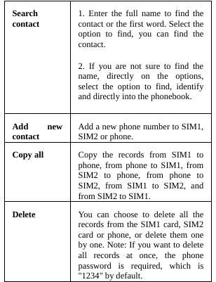  Search contact 1. Enter the full name to find the contact or the first word. Select the option to find, you can find the contact. 2. If you are not sure to find the name, directly on the options, select the option to find, identify and directly into the phonebook. Add new contact Add a new phone number to SIM1, SIM2 orphone.Copy all  Copy the records from SIM1 to phone, from phone to SIM1, from SIM2 to phone, from phone to SIM2, from SIM1 to SIM2, and from SIM2 to SIM1.Delete  You can choose to delete all the records from the SIM1 card, SIM2 card or phone, or delete them one by one. Note: If you want to delete all records at once, the phone password is required, which is &quot;1234&quot; by default. 