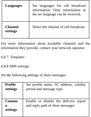  Languages  Set languages for cell broadcast information. Only information in the set language can be received. Channel settings Select the channel of cell broadcast.For more information about available channels and the information they provide, contact your network operator. 6.8.7. Tenplates 6.8.8 SMS settings Set the following settings of short messages. Profile settings Set profile name, SC address, validity period and message type. Common settings Enable or disable the delivery report and reply path of short messages. 