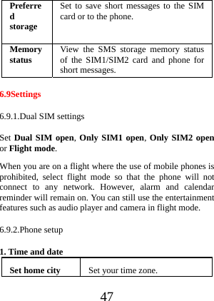  47 Preferred storage Set to save short messages to the SIM card or to the phone. Memory status View the SMS storage memory status of the SIM1/SIM2 card and phone for short messages. 6.9Settings 6.9.1.Dual SIM settings Set Dual SIM open, Only SIM1 open, Only SIM2 open or Flight mode. When you are on a flight where the use of mobile phones is prohibited, select flight mode so that the phone will not connect to any network. However, alarm and calendar reminder will remain on. You can still use the entertainment features such as audio player and camera in flight mode. 6.9.2.Phone setup 1. Time and date Set home city  Set yourtime zone.