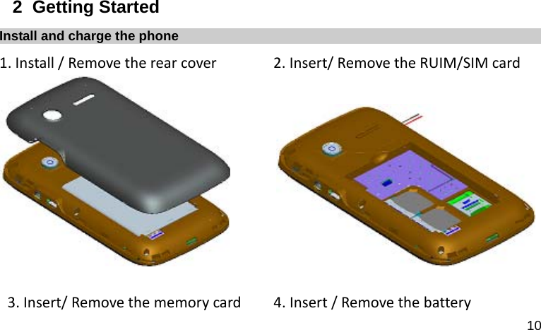  10 2  Getting Started Install and charge the phone 1.Install/Removetherearcover2.Insert/RemovetheRUIM/SIMcard         3.Insert/Removethememorycard4.Insert/Removethebattery