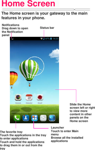 Home Screen   The Home screen is your gateway to the main features in your phone.      Notifications Drag down to open the Notification panel Status bar Launcher Touch to enter Main menu Browse all the installed applications The favorite tray Touch the applications in the tray to enter applications Touch and hold the applications to drag them in or out from the tray Slide the Home screen left or right to view more content in other panels on the Home screen 