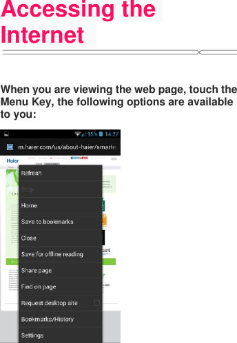 Accessing the Internet      When you are viewing the web page, touch the Menu Key, the following options are available to you:  