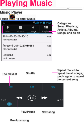 Playing Music   Music Player Touch    to enter Music.              Categories Select Playlists, Artists, Albums, Songs, and so on Shuffle Repeat: Touch to repeat the all songs; touch again to repeat the current song Next song Previous song Play/Pause The playlist 