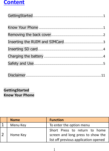   1 Content GettingStarted ...................................................................... 1 Know Your Phone ................................................................ 1 Removing the back cover.................................................... 2 Inserting the RUIM and SIMCard ....................................... 3 Inserting SD card ................................................................. 4 Charging the battery ........................................................... 4 Safety and Use ..................................................................... 5 Disclaimer ........................................................................... 11  GettingStarted Know Your Phone     Name  Function 1 Menu Key To enter the option menu 2 Home Key Short  Press  to  return  to  home screen and  long  press  to  show  the list off previous application opened 