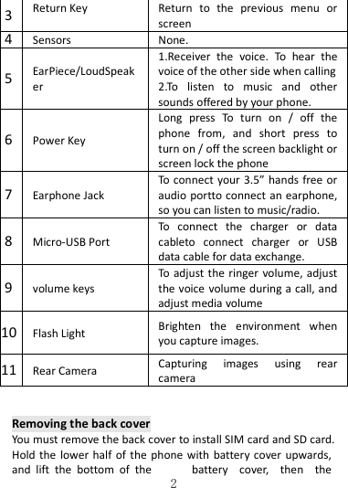   2 3 Return Key  Return  to  the  previous  menu  or screen 4 Sensors None. 5 EarPiece/LoudSpeaker 1.Receiver  the  voice.  To  hear  the voice of the other side when calling 2.To  listen  to  music  and  other sounds offered by your phone. 6 Power Key Long  press  To  turn  on  /  off  the phone  from,  and  short  press  to turn on / off the screen backlight or screen lock the phone  7 Earphone Jack To connect your 3.5” hands free or audio portto connect an earphone, so you can listen to music/radio. 8 Micro-USB Port   To  connect  the  charger  or  data cableto  connect  charger  or  USB data cable for data exchange. 9 volume keys To adjust the ringer  volume, adjust the voice volume during a call, and adjust media volume 10 Flash Light  Brighten  the  environment  when you capture images.     11 Rear Camera  Capturing  images  using  rear camera  Removing the back cover You must remove the back cover to install SIM card and SD card. Hold the  lower  half of the  phone  with battery cover upwards, and  lift  the  bottom  of  the  battery  cover,  then  the 