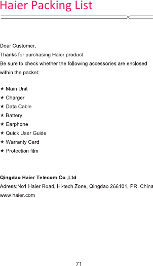 Haier Packing List71