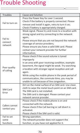  Troubles  Cause and SoluƟon Fail to turn on Press the Power Key for over 1 second. Check if the baƩery is properly connected. Please remove and install it again, retry to turn it on; Check if baƩery is appropriately charged. Fail to connect network Weak signal. Please try and move to a locaƟon with strong signal and try connecƟng to the network again; Please ensure that you are not beyond the network coverage of service providers; Please ensure you have a valid SIM card. Please contact your network provider for further informaƟon; Poor quality of calling Please check if the sound volume is tuned improperly  In an area with poor receiving condiƟon, example: basement, the signal might be weak. Try searching a locaƟon with stronger signal recepƟon and call again. While using the mobile phone in the peak period of communicaƟon, like commute Ɵme, you may be unable to call because of line congesƟon. SIM Card Error Dirt on the metal surface of an SIM card. Use clean cloth to wipe the metal touch point on an SIM card. The SIM card is not installed. The SIM card is damaged. Please contact your network service provider. Callers cannot contact you Please check if the mobile phone is on and connected with the network. Please check if the Call barring or call divert is acƟvated. Please check if the SIM card is valid. Fail to set some funcƟons Wrong operaƟon. The network provider does not support the funcƟon, or you have not applied for it.  Trouble Shooting70