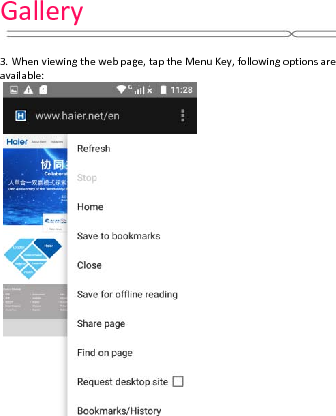 Gallery3.Whenviewingthewebpage,taptheMenuKey,followingoptionsareavailable: