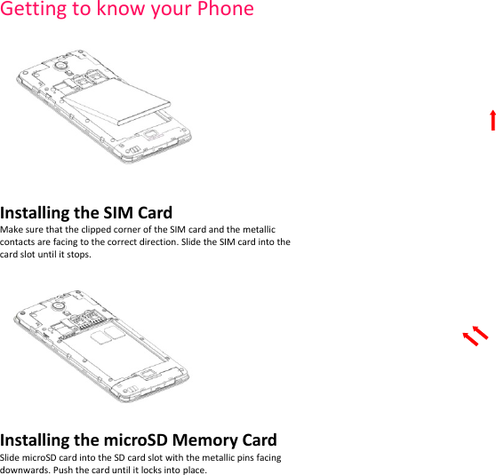 GettingtoknowyourPhone InstallingtheSIMCardMakesurethattheclippedcorneroftheSIMcardandthemetalliccontactsarefacingtothecorrectdirection.SlidetheSIMcardintothecardslotuntilitstops.InstallingthemicroSDMemoryCardSlidemicroSDcardintotheSDcardslotwiththemetallicpinsfacingdownwards.Pushthecarduntilitlocksintoplace.