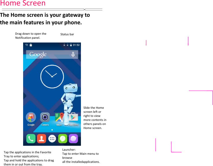 HomeScreenTheHomescreenisyourgatewaytothemainfeaturesinyourphone.DragdowntoopentheNotificationpanel.StatusbarLauncher:TaptoenterMainmenutobrowsealltheinstalledapplications.TaptheapplicationsintheFavoriteTraytoenterapplications;Tapandholdtheapplicationstodragtheminoroutfromthetray.SlidetheHomescreenleftorrighttoviewmorecontentsinotherspanelsonHomescreen.