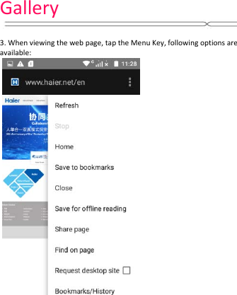 Gallery3.Whenviewingthewebpage,taptheMenuKey,followingoptionsareavailable: