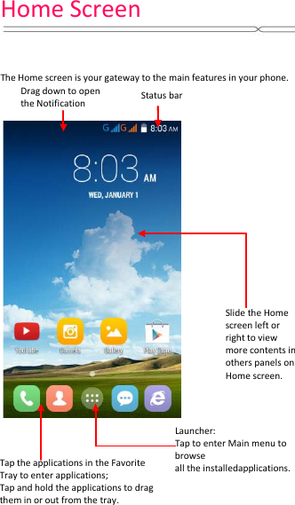 Home Screen       The Home screen is your gateway to the main features in your phone.    Drag down to open the Notification  Status bar Launcher: Tap to enter Main menu to browse all the installedapplications. Tap the applications in the Favorite Tray to enter applications; Tap and hold the applications to drag them in or out from the tray. Slide the Home screen left or right to view more contents in others panels on Home screen. 