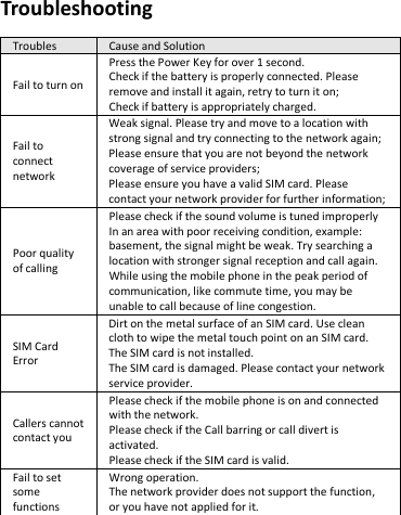   Troubleshooting  Troubles Cause and Solution Fail to turn on Press the Power Key for over 1 second. Check if the battery is properly connected. Please remove and install it again, retry to turn it on; Check if battery is appropriately charged. Fail to connect network Weak signal. Please try and move to a location with strong signal and try connecting to the network again; Please ensure that you are not beyond the network coverage of service providers; Please ensure you have a valid SIM card. Please contact your network provider for further information; Poor quality of calling Please check if the sound volume is tuned improperly   In an area with poor receiving condition, example: basement, the signal might be weak. Try searching a location with stronger signal reception and call again. While using the mobile phone in the peak period of communication, like commute time, you may be unable to call because of line congestion. SIM Card Error Dirt on the metal surface of an SIM card. Use clean cloth to wipe the metal touch point on an SIM card. The SIM card is not installed. The SIM card is damaged. Please contact your network service provider. Callers cannot contact you Please check if the mobile phone is on and connected with the network. Please check if the Call barring or call divert is activated. Please check if the SIM card is valid. Fail to set some functions Wrong operation. The network provider does not support the function, or you have not applied for it.     