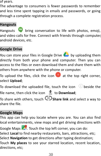   30 of years. The advantage  to consumers is fewer passwords to remember and less  time  spent tapping in emails and passwords, or going through a complete registration process.  Hangouts Hangouts    bring  conversation  to  life  with  photos,  emoji, and video calls for free. Connect with friends through computer, android devices, etc.  Google Drive You can store your files in Google Drive   by uploading them directly  from  both  your  phone  and  computer.  Then  you  can access to the files or even download them and share them with others from anywhere with the phone or computer.     To  upload  the  files,  click  the  icon   at  the  top  right  corner, select Upload; To  download  the  uploaded file, touch  the  icon  beside the file name, then click the icon    to Download;   To share with others, touch Share link and select a way to share the file.  Google Maps This app can help you locate where you are. You can also  find local entertainments, view maps and get driving directions with Google Maps . Touch the top left corner, you can do:   Select Local to find nearby restaurants, bars, attractions, etc; Select Navigation to get directions after typing destination; Touch My places to see your starred  location, recent location, directions, etc;   