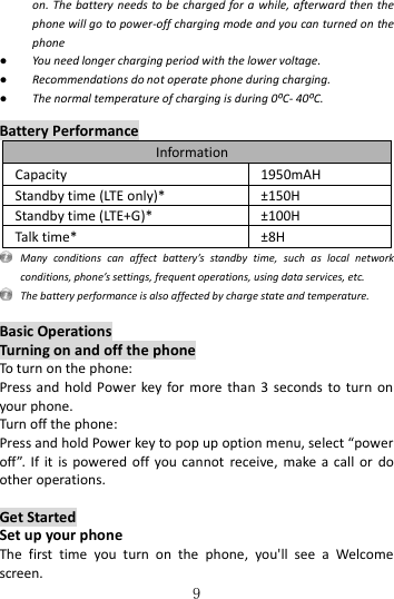   9 on. The battery needs to be charged for a while, afterward then the phone will go to power-off charging mode and you can turned on the phone ● You need longer charging period with the lower voltage. ● Recommendations do not operate phone during charging. ● The normal temperature of charging is during 0⁰C- 40⁰C.  Battery Performance Information Capacity 1950mAH Standby time (LTE only)* ±150H Standby time (LTE+G)* ±100H Talk time* ±8H  Many  conditions  can  affect  battery’s  standby  time,  such  as  local  network conditions, phone’s settings, frequent operations, using data services, etc.   The battery performance is also affected by charge state and temperature.  Basic Operations Turning on and off the phone To turn on the phone:   Press and  hold Power  key for more  than  3  seconds to turn  on your phone.   Turn off the phone:   Press and hold Power key to pop up option menu, select “power off”. If  it  is  powered  off you cannot  receive,  make a  call  or  do other operations.    Get Started Set up your phone The  first  time  you  turn  on  the  phone,  you&apos;ll  see  a  Welcome screen. 