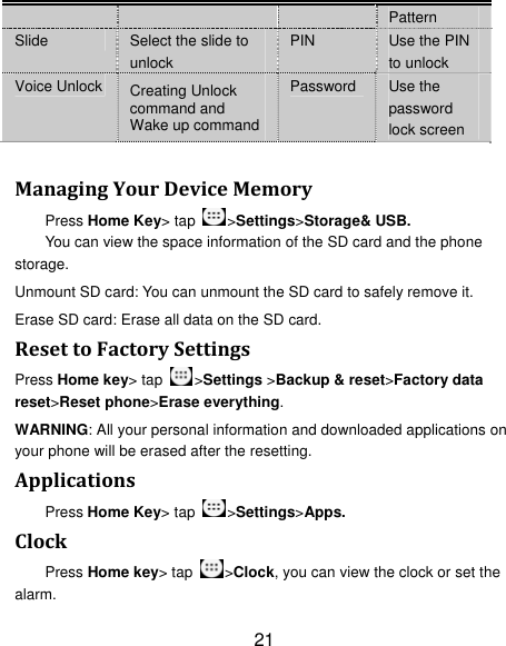 21 Pattern Slide  Select the slide to unlock PIN  Use the PIN to unlock Voice Unlock  Creating Unlock command and Wake up command Password  Use the password lock screen  ManagingYourDeviceMemoryPress Home Key&gt; tap  &gt;Settings&gt;Storage&amp; USB. You can view the space information of the SD card and the phone storage.  Unmount SD card: You can unmount the SD card to safely remove it. Erase SD card: Erase all data on the SD card. ResettoFactorySettingsPress Home key&gt; tap  &gt;Settings &gt;Backup &amp; reset&gt;Factory data reset&gt;Reset phone&gt;Erase everything. WARNING: All your personal information and downloaded applications on your phone will be erased after the resetting. ApplicationsPress Home Key&gt; tap  &gt;Settings&gt;Apps. ClockPress Home key&gt; tap  &gt;Clock, you can view the clock or set the alarm. 