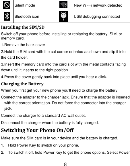 8  Silent mode  New Wi-Fi network detected  Bluetooth icon  USB debugging connected InstallingtheSIM/SDSwitch off your phone before installing or replacing the battery, SIM, or memory card.   1.Remove the back cover 2.Hold the SIM card with the cut corner oriented as shown and slip it into the card holder. 3.Insert the memory card into the card slot with the metal contacts facing down until it inserts to the right position. 4.Press the cover gently back into place until you hear a click.     ChargingtheBatteryWhen you first get your new phone you’ll need to charge the battery. Connect the adapter to the charger jack. Ensure that the adapter is inserted with the correct orientation. Do not force the connector into the charger jack. Connect the charger to a standard AC wall outlet. Disconnect the charger when the battery is fully charged. SwitchingYourPhoneOn/OffMake sure the SIM card is in your device and the battery is charged.   1.  Hold Power Key to switch on your phone. 2.  To switch it off, hold Power Key to get the phone options. Select Power 