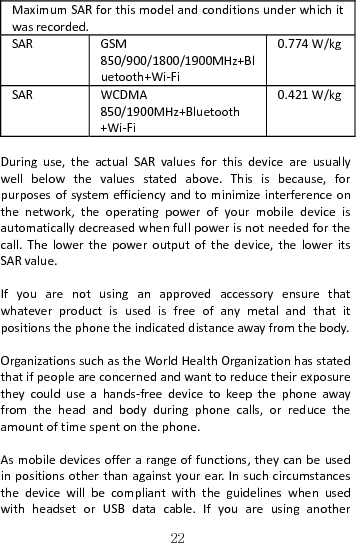   22MaximumSARforthismodelandconditionsunderwhichitwasrecorded.SARGSM850/900/1800/1900MHz+Bluetooth+Wi‐Fi0.774W/kgSARWCDMA850/1900MHz+Bluetooth+Wi‐Fi0.421W/kgDuringuse,theactualSARvaluesforthisdeviceareusuallywellbelowthevaluesstatedabove.Thisisbecause,forpurposesofsystemefficiencyandtominimizeinterferenceonthenetwork,theoperatingpowerofyourmobiledeviceisautomaticallydecreasedwhenfullpowerisnotneededforthecall.Thelowerthepoweroutputofthedevice,theloweritsSARvalue.Ifyouarenotusinganapprovedaccessoryensurethatwhateverproductisusedisfreeofanymetalandthatitpositionsthephonetheindicateddistanceawayfromthebody.OrganizationssuchastheWorldHealthOrganizationhasstatedthatifpeopleareconcernedandwanttoreducetheirexposuretheycoulduseahands‐freedevicetokeepthephoneawayfromtheheadandbodyduringphonecalls,orreducetheamountoftimespentonthephone.Asmobiledevicesofferarangeoffunctions,theycanbeusedinpositionsotherthanagainstyourear.InsuchcircumstancesthedevicewillbecompliantwiththeguidelineswhenusedwithheadsetorUSBdatacable.Ifyouareusinganother