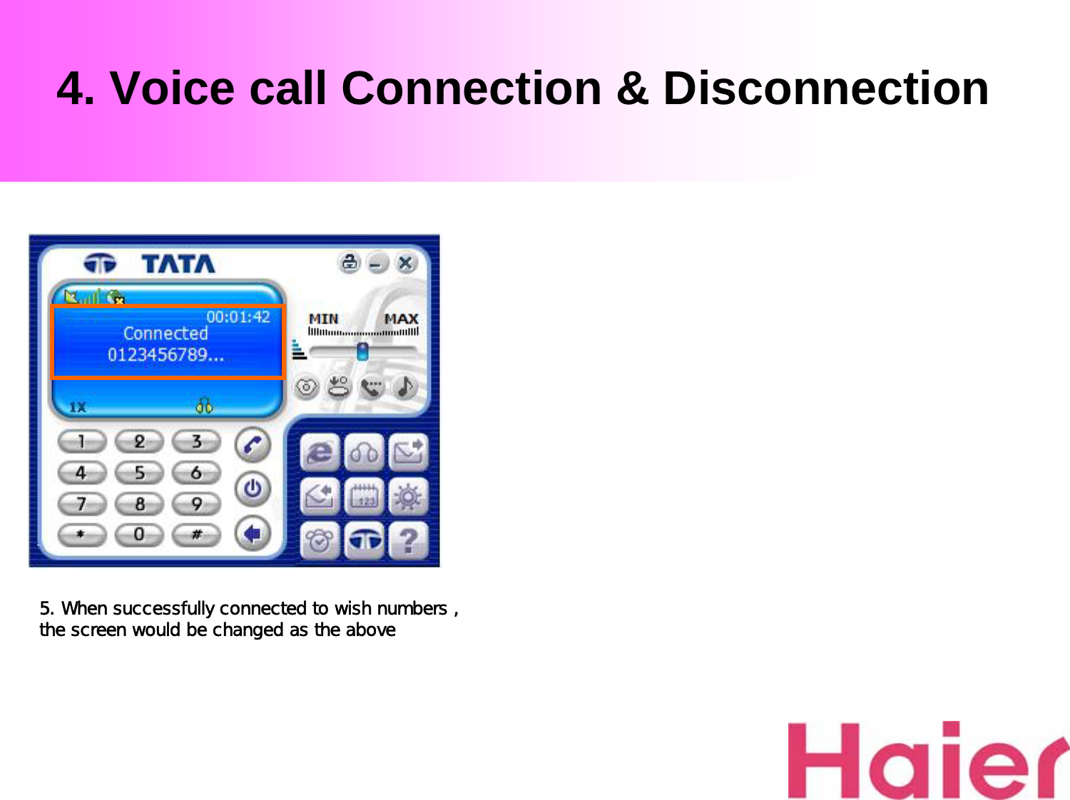 4. Voice call Connection &amp; Disconnection5. When successfully connected to wish numbers , the screen would be changed as the above