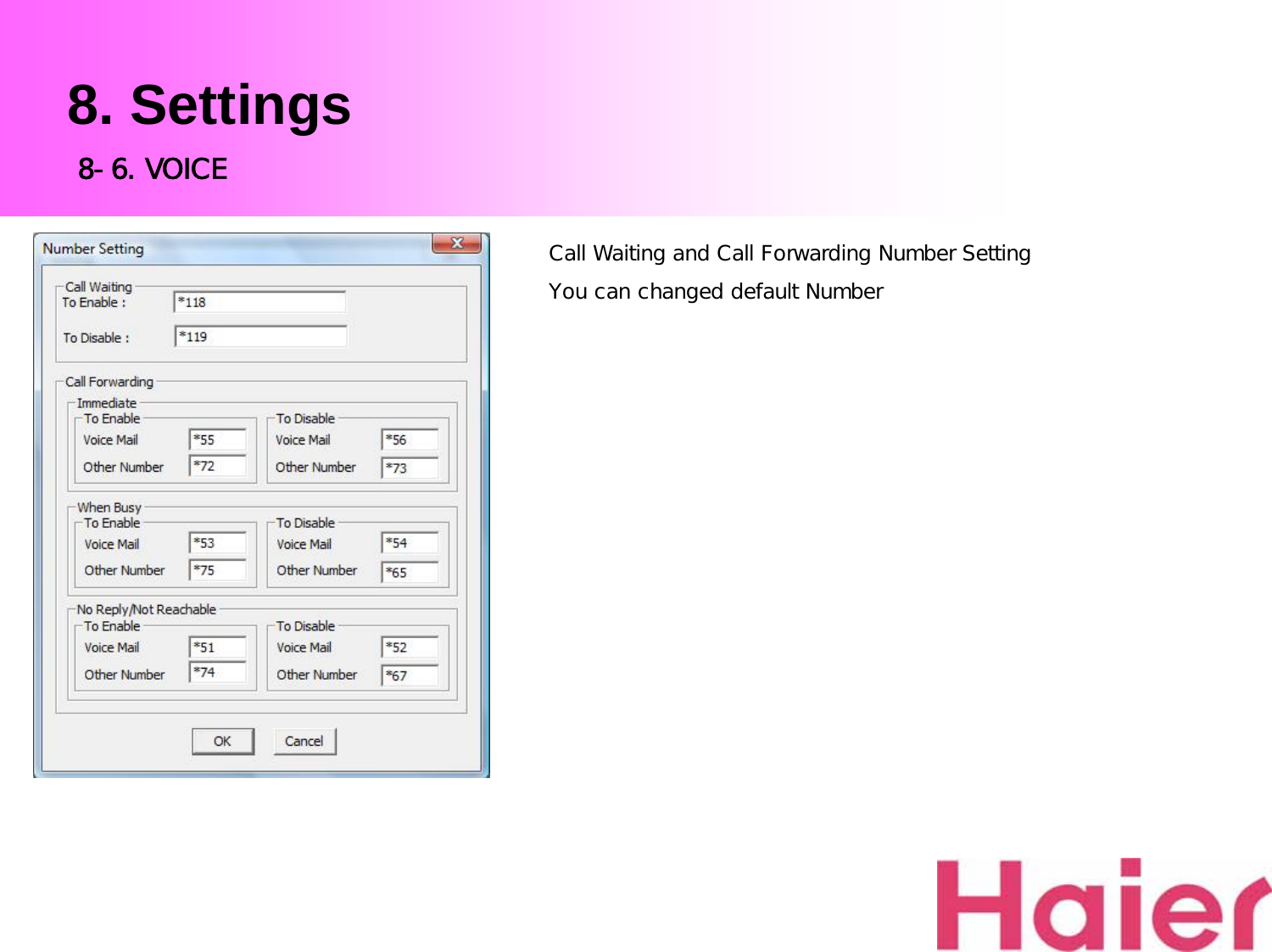 8. Settings8-6. VOICECall Waiting and Call Forwarding Number SettingYou can changed default Number