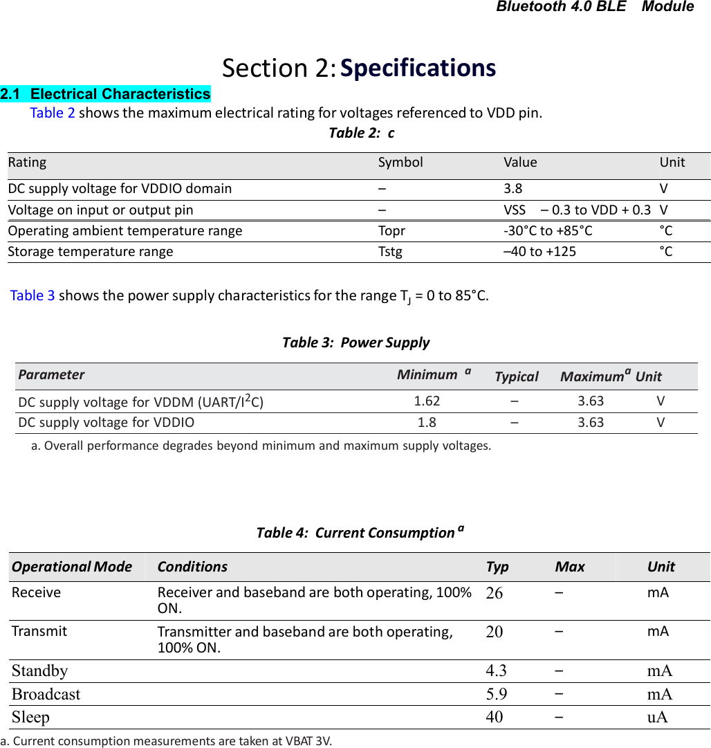 Bluetooth 4.0 BLE ModuleSection 2: Specifications2.1 Electrical CharacteristicsTable 2 shows the maximum electrical rating for voltages referenced to VDD pin.Table 2: cTable 3 shows the power supply characteristics for the range TJ= 0 to 85°C.Table 3: Power SupplyParameter Minimum aTypical MaximumaUnitDC supply voltage for VDDM (UART/I2C) 1.62 – 3.63 VDC supply voltage for VDDIO 1.8 – 3.63 Va. Overall performance degrades beyond minimum and maximum supply voltages.Table 4: Current ConsumptionaOperational ModeConditionsTypMaxUnitReceiveReceiver and baseband are both operating, 100%ON.26–mATransmitTransmitter and baseband are both operating,100% ON.20–mAStandby4.3–mABroadcast5.9–mASleep40–uAa. Current consumption measurements are taken at VBAT 3V.RatingSymbolValueUnitDC supply voltage for VDDIO domain–3.8VVoltage on input or output pin–VSS – 0.3 to VDD + 0.3VOperating ambient temperature rangeTopr-30°C to +85°C°CStorage temperature rangeTstg–40 to +125°C