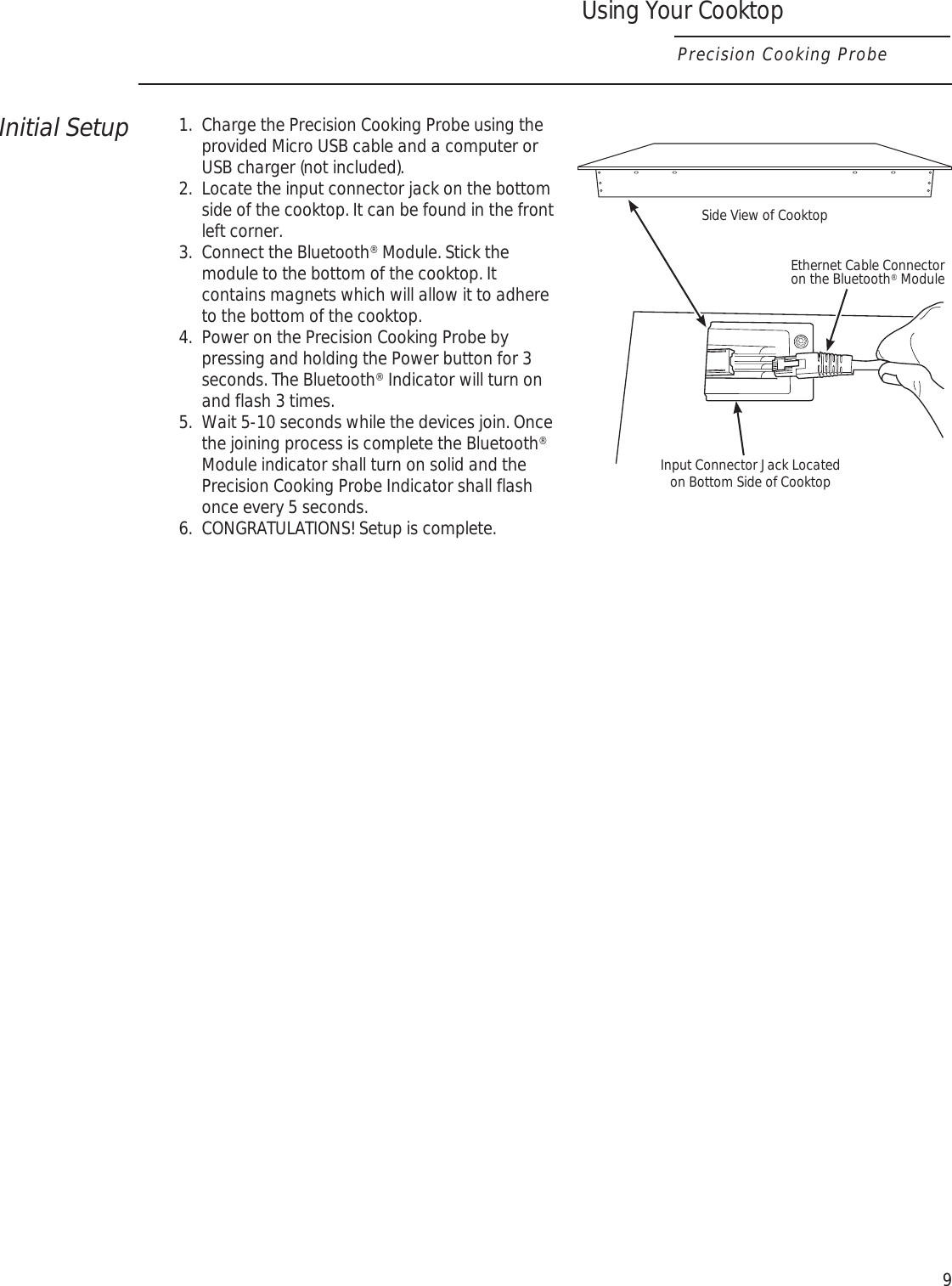 9Initial Setup1.  Charge the Precision Cooking Probe using the provided Micro USB cable and a computer or USB charger (not included).2.  Locate the input connector jack on the bottom side of the cooktop. It can be found in the front left corner.3.  Connect the Bluetooth® Module. Stick the module to the bottom of the cooktop. It contains magnets which will allow it to adhere to the bottom of the cooktop.4.  Power on the Precision Cooking Probe by pressing and holding the Power button for 3 seconds. The Bluetooth® Indicator will turn on and flash 3 times.5.  Wait 5-10 seconds while the devices join. Once the joining process is complete the Bluetooth® Module indicator shall turn on solid and the Precision Cooking Probe Indicator shall flash once every 5 seconds.6.  CONGRATULATIONS! Setup is complete.Using Your CooktopPrecision Cooking ProbeSide View of CooktopInput Connector Jack Located on Bottom Side of CooktopEthernet Cable Connector on the Bluetooth® Module