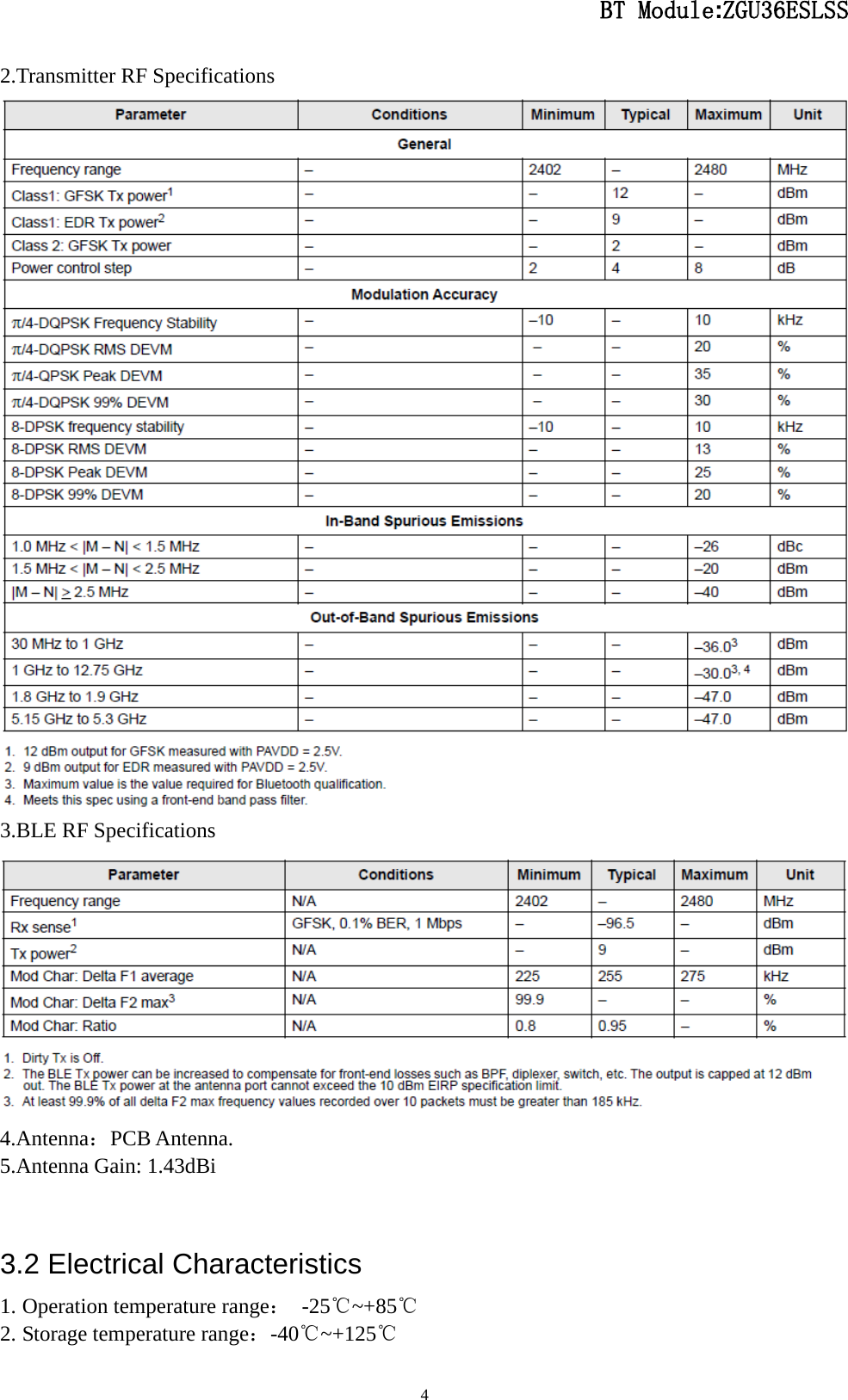                                                 BT Module:ZGU36ESLSS                                                                                                                                                                                 4 2.Transmitter RF Specifications  3.BLE RF Specifications  4.Antenna：PCB Antenna. 5.Antenna Gain: 1.43dBi  3.2 Electrical Characteristics 1. Operation temperature range：  -25℃~+85℃ 2. Storage temperature range：-40℃~+125℃ 