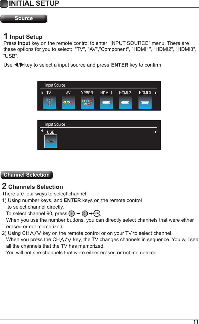 11SourceChannel Selection Input SourceTV HDMI 2 HDMI 3AV YPBPR HDMI 11 Input SetupPress Input key on the remote control to enter &quot;INPUT SOURCE&quot; menu. There arethese options for you to select:  &quot;TV&quot;, &quot;AV&quot;,&quot;Component&quot;, &quot;HDMI1&quot;, “HDMI2&quot;, “HDMI3&quot;,  Use /key to select a input source and press ENTER key to confirm.2 Channels SelectionThere are four ways to select channel:1) Using number keys, and ENTER keys on the remote control    to select channel directly.   To select channel 90, press   When you use the number buttons, you can directly select channels that were either    erased or not memorized. 2) Using CH∧/∨ key on the remote control or on your TV to select channel.   When you press the CH∧/∨ key, the TV changes channels in sequence. You will see    all the channels that the TV has memorized.   You will not see channels that were either erased or not memorized. Input SourceUSBUSB“USB&quot;.