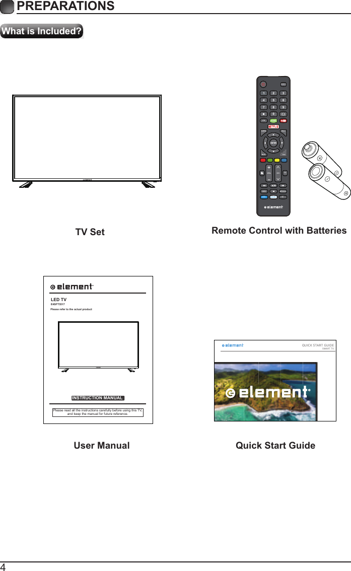 4What is Included?PREPARATIONS TV Set Remote Control with BatteriesUser Manual Quick Start GuideINSTRUCTION MANUALPlease read all the instructions carefully before using this TV,and keep the manual for future reference.LED TVE4SFT551715.995215.9952In pu t07 8 94561 2 3Q.MENUMenuExitBack      VOL C HTTSINFOMTVUDUS/AudioCCListHOM EQUICK START GUIDESMART TVPlease refer to the actual product