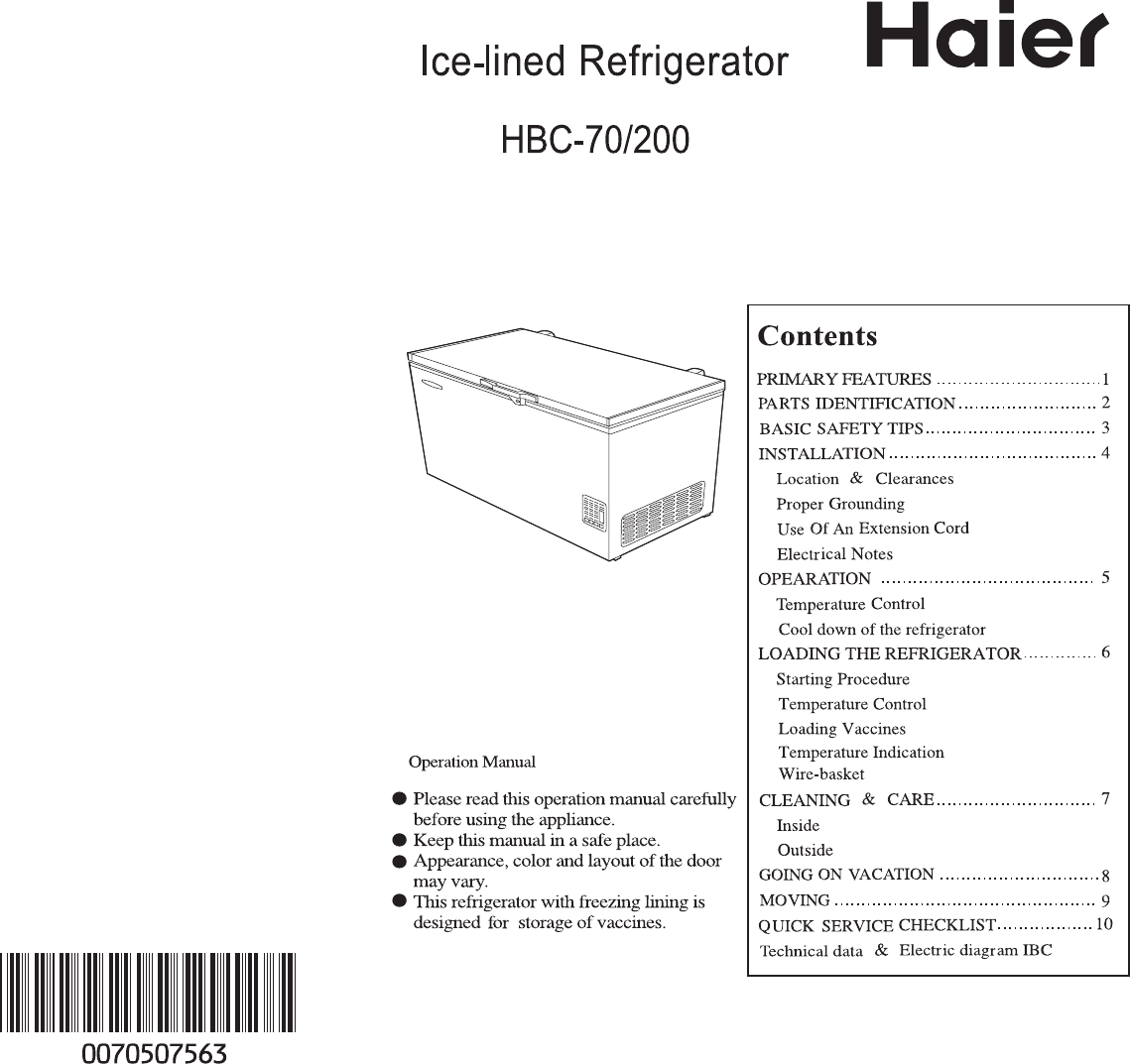 Page 1 of 8 - Haier Haier-Haier-Refrigerator-Hbc-200-Users-Manual- 0070507563..70A......  Haier-haier-refrigerator-hbc-200-users-manual
