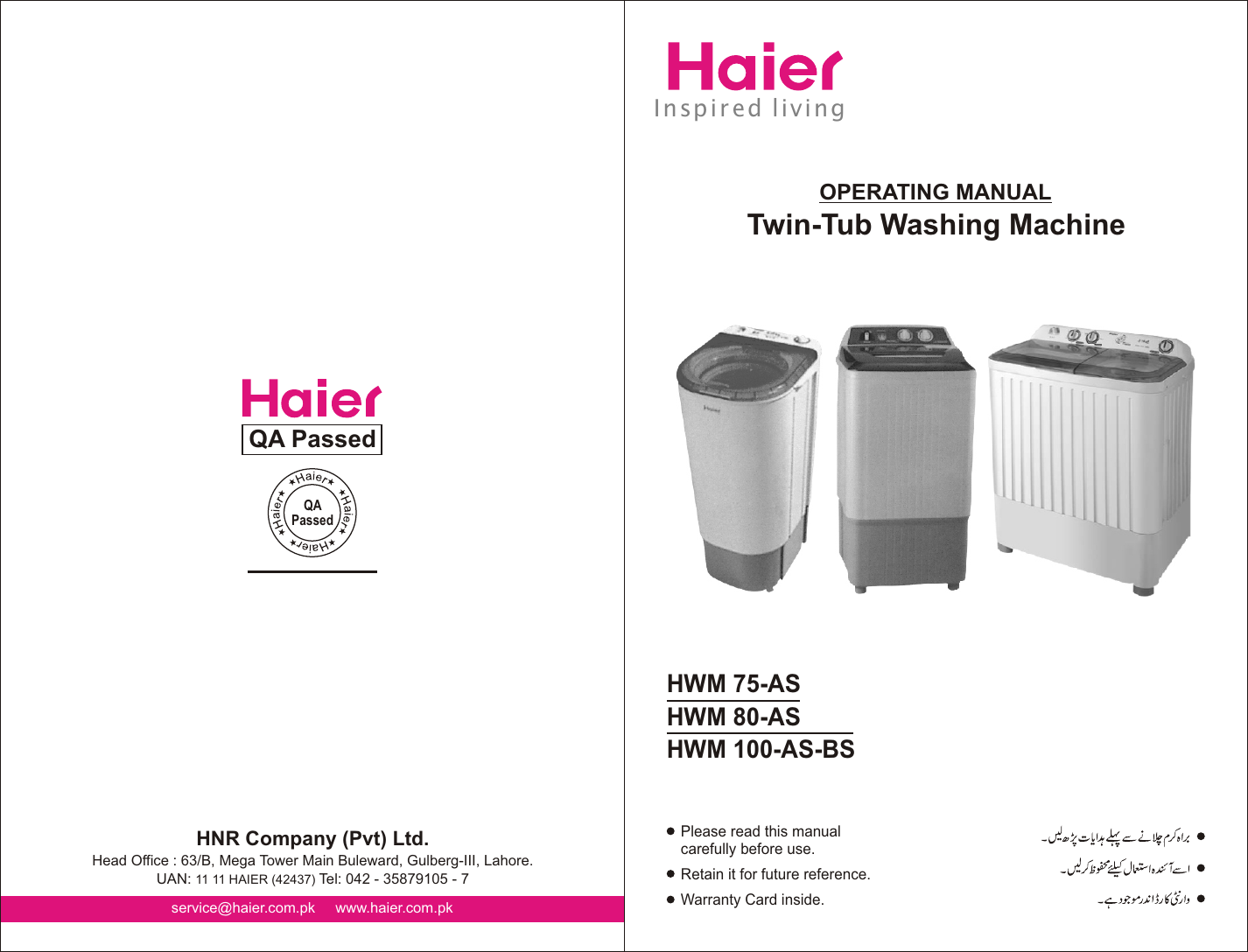 Haier Washer Hwm 100 As Bs Users Manual Twin Tub