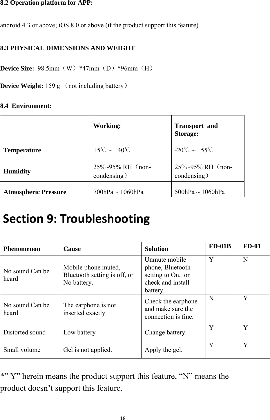 188.2 Operation platform for APP: android 4.3 or above; iOS 8.0 or above (if the product support this feature) 8.3 PHYSICAL DIMENSIONS AND WEIGHT Device Size:  98.5mm（W）*47mm（D）*96mm（H） Device Weight: 159 g （not including battery） 8.4  Environment:  Working:  Transport  and Storage: Temperature  +5℃ ~ +40℃ -20℃ ~ +55℃ Humidity  25%~95% RH（non-condensing） 25%~95% RH（non-condensing） Atmospheric Pressure  700hPa ~ 1060hPa  500hPa ~ 1060hPa Section9:Troubleshooting Phenomenon Cause  Solution  FD-01B FD-01 No sound Can be heard Mobile phone muted, Bluetooth setting is off, or No battery. Unmute mobile phone, Bluetooth setting to On,  or check and install battery. Y N No sound Can be heard The earphone is not inserted exactly Check the earphone and make sure the connection is fine. N Y Distorted sound  Low battery  Change battery  Y Y Small volume  Gel is not applied.  Apply the gel.  Y Y  *” Y” herein means the product support this feature, “N” means the product doesn’t support this feature.  