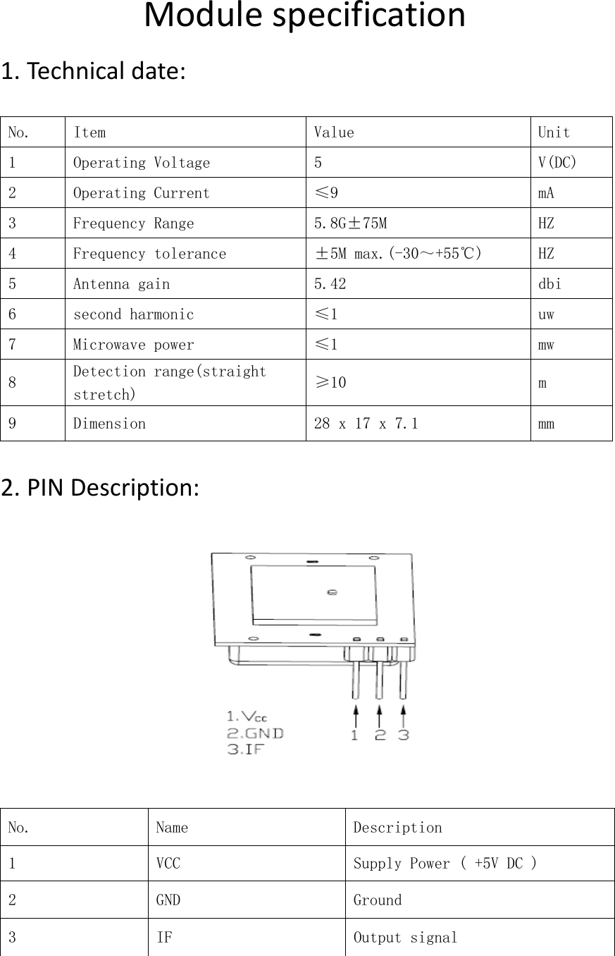 Modulespecification1. Technicaldate:No.  Item  Value  Unit 1  Operating Voltage  5  V(DC) 2  Operating Current  ≤9  mA 3  Frequency Range  5.8G±75M  HZ 4  Frequency tolerance   ±5M max.(-30～+55℃)  HZ 5  Antenna gain  5.42  dbi 6  second harmonic   ≤1  uw 7  Microwave power  ≤1  mw 8  Detection range(straight stretch)  ≥10  m 9  Dimension  28 x 17 x 7.1   mm 2. PINDescription:No.  Name  Description 1  VCC  Supply Power ( +5V DC ) 2  GND  Ground 3  IF  Output signal 