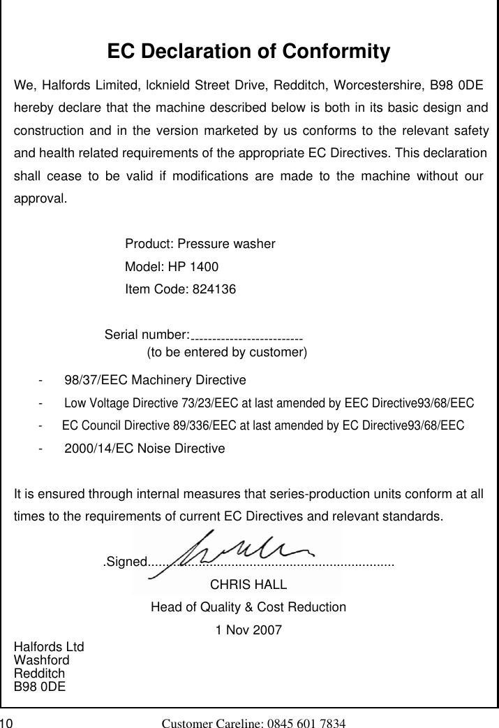 Halfords Hp 1400 Users Manual Electric Pressure Washers