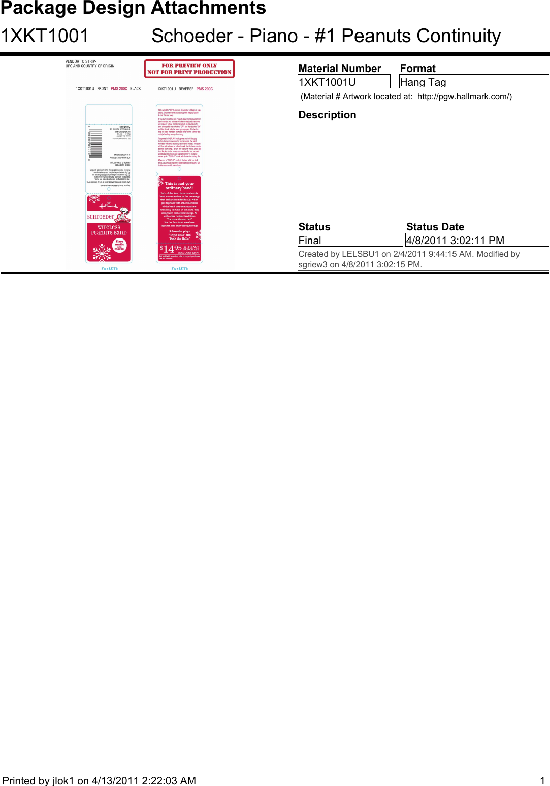 Hallmark Cards XKT1001 Schroeder Discussion and FAQ 1XKT1001 Bid Pack 1