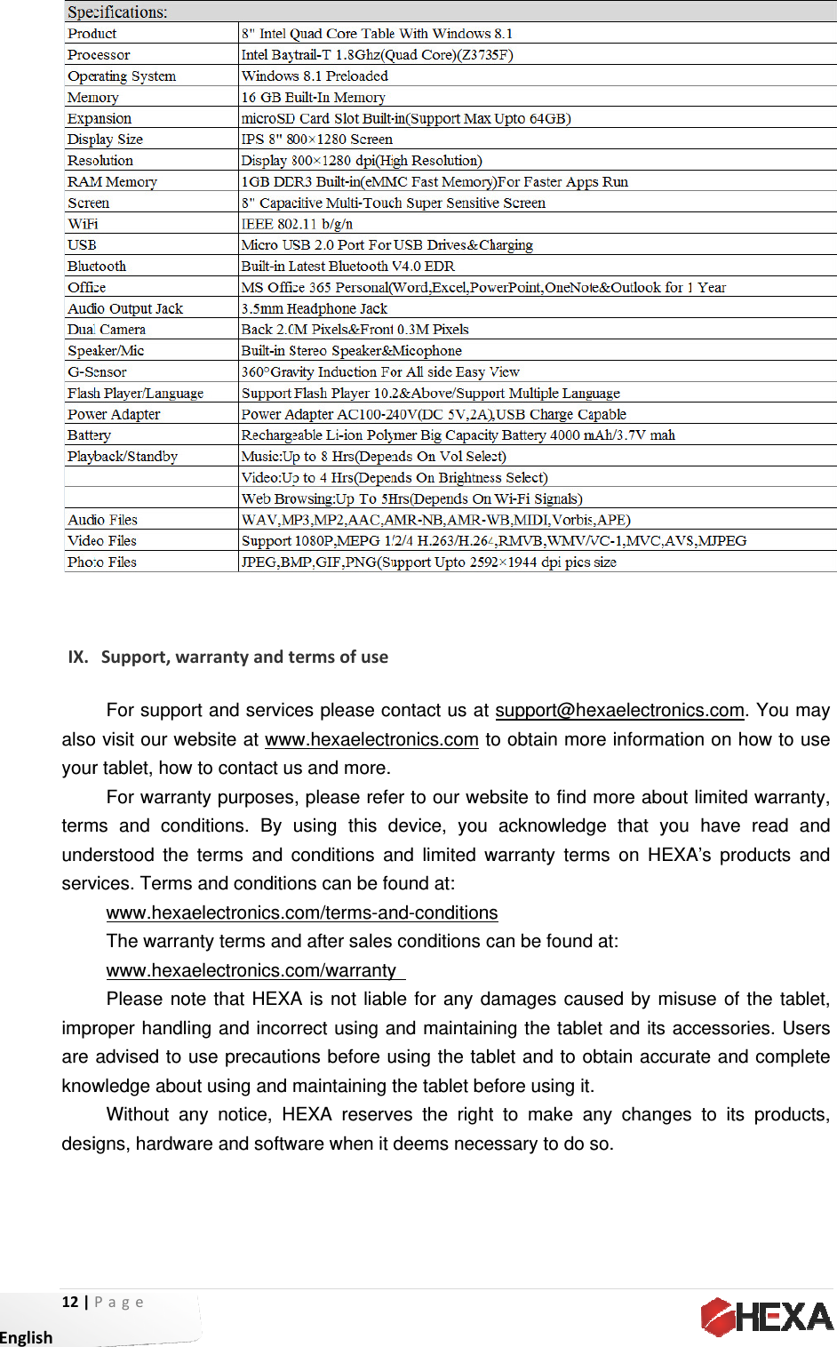 12| EnglishIX. alsoyourtermundeservimprare knowdesiPage  Support,wa For supporo visit our wer tablet, how For warranms and conderstood the vices. Terms www.hexaeThe warranwww.hexaePlease notroper handlinadvised to uwledge abouWithout anigns, hardwa  arrantyandtrt and servicebsite at wwwto contact unty purposesditions. By terms and cand conditioelectronics.cnty terms andelectronics.cte that HEXAng and incoruse precautiout using and ny notice, Hare and softwtermsofuseces please cow.hexaelectrs and more. s, please refeusing this dconditions aons can be focom/terms-and after sales com/warrantyA is not liabrrect using aons before umaintaining tHEXA reservware when it ontact us at ronics.com to er to our webdevice, you nd limited wound at: nd-conditionsconditions cy   le for any daand maintainusing the tabthe tablet beves the rightdeems necesupport@heo obtain morbsite to find acknowledgwarranty terms can be foundamages cauing the tableblet and to oefore using it.t to make aessary to do sexaelectronicre informatiomore about ge that you ms on HEXA at: used by misuet and its acobtain accura. any changesso. cs.com. You on on how tolimited warrhave read A’s productsuse of the taccessories. Uate and coms to its prodmay o use anty, and  and ablet, Users plete ucts, 
