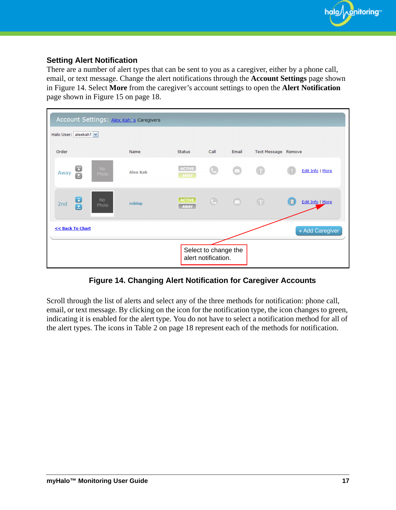 myHalo™ Monitoring User Guide 17Setting Alert NotificationThere are a number of alert types that can be sent to you as a caregiver, either by a phone call, email, or text message. Change the alert notifications through the Account Settings page shown in Figure 14. Select More from the caregiver’s account settings to open the Alert Notification page shown in Figure 15 on page 18.Figure 14. Changing Alert Notification for Caregiver AccountsScroll through the list of alerts and select any of the three methods for notification: phone call, email, or text message. By clicking on the icon for the notification type, the icon changes to green, indicating it is enabled for the alert type. You do not have to select a notification method for all of the alert types. The icons in Table 2 on page 18 represent each of the methods for notification. Select to change the alert notification.