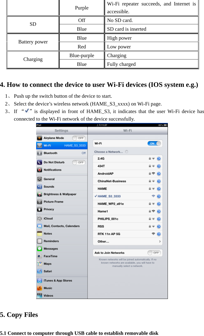  Purple  Wi-Fi repeater succeeds, and Internet is accessible.  Off   No SD card.   SD  Blue  SD card is inserted Blue High power Battery power Red Low power Blue-purple Charging  Charging  Blue Fully charged  4. How to connect the device to user Wi-Fi devices (IOS system e.g.) 1、 Push up the switch button of the device to start.   2、 Select the device’s wireless network (HAME_S3_xxxx) on Wi-Fi page.   3、 If  “”is displayed in front of HAME_S3, it indicates that the user Wi-Fi device has connected to the Wi-Fi network of the device successfully.     5. Copy Files 5.1 Connect to computer through USB cable to establish removable disk 